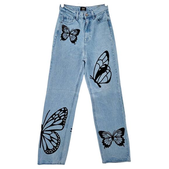 Simple Society Butterfly Wide Leg Med Blue Denim 5-Pocket Jeans Women Size 25 - Picture 1 of 5